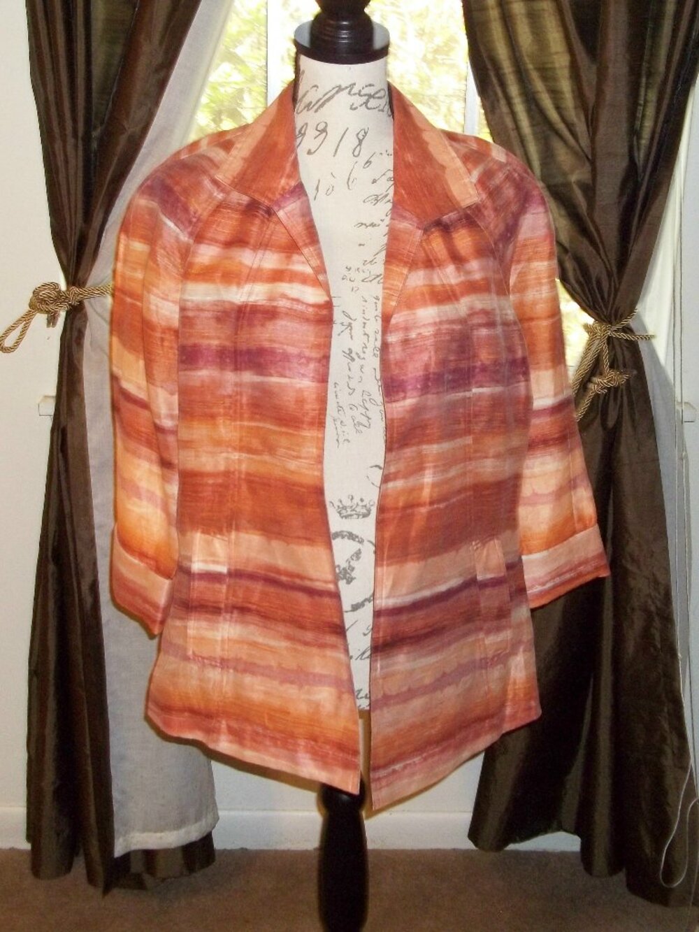 Chico's Size 1 Open Front Linen Blend Jacket Striped 3/4 Sleeve